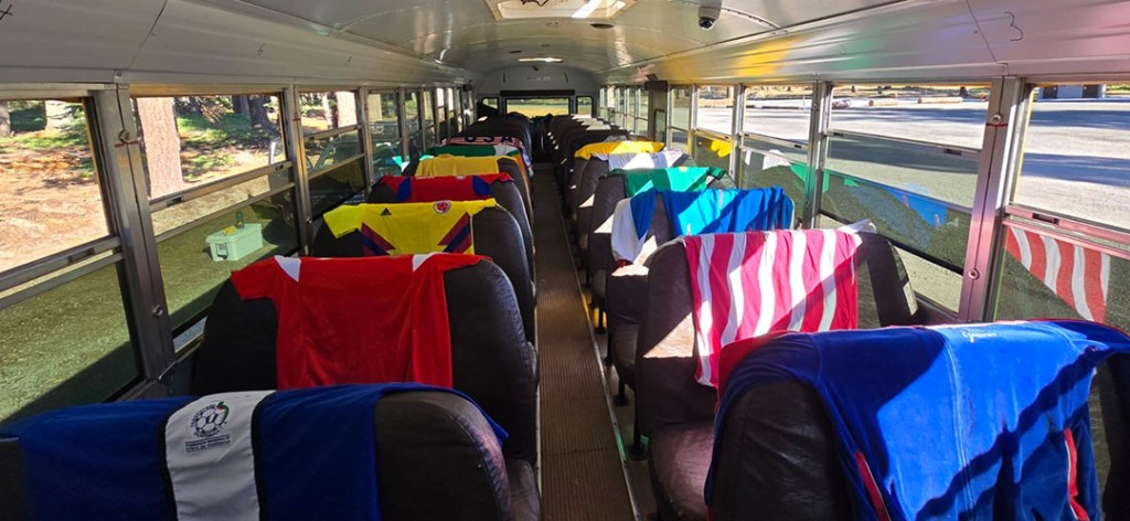 Jerseys on the seats of the bus